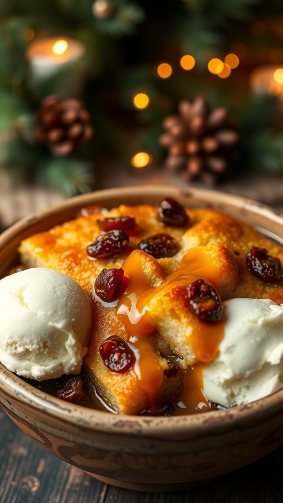 A bowl of golden brown bread pudding with raisins, drizzled with caramel sauce, and a scoop of vanilla ice cream.